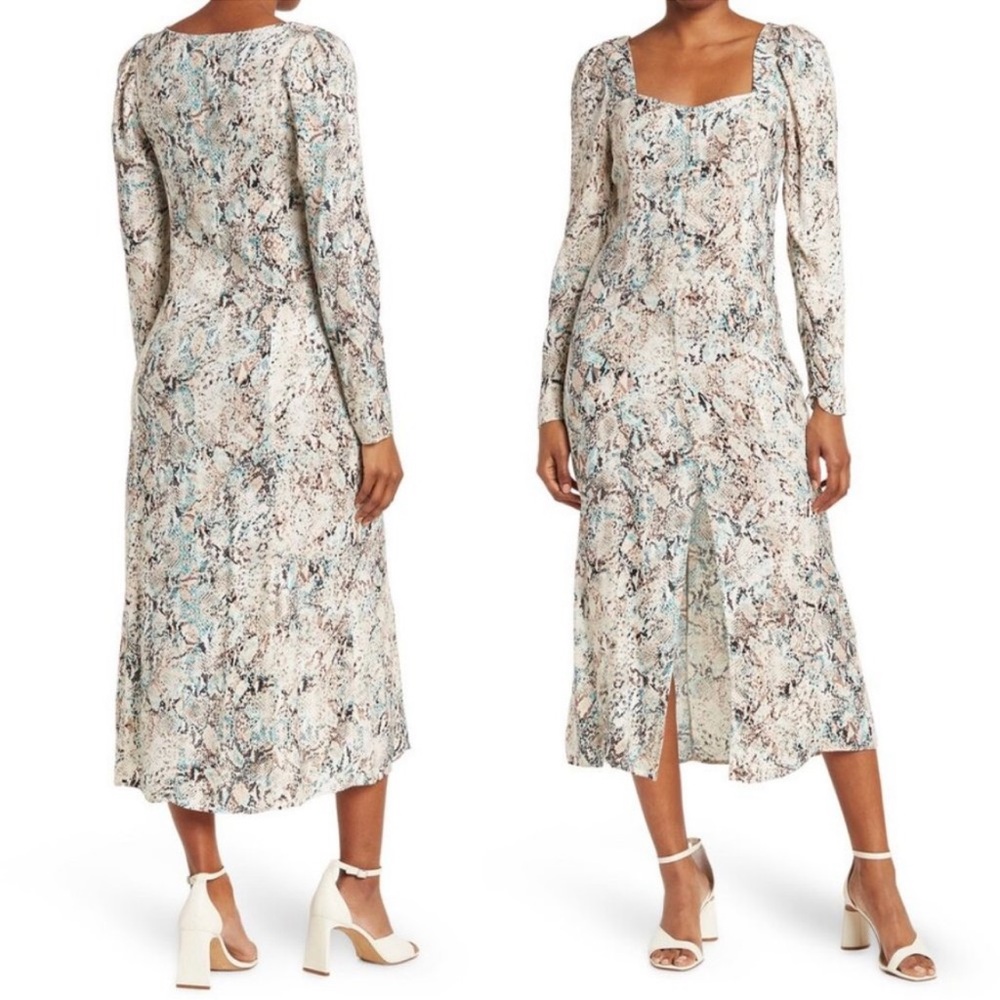 NEW AFRM Mariska Floral Long Sleeves Square Neck Button Front Midi Dress Medium